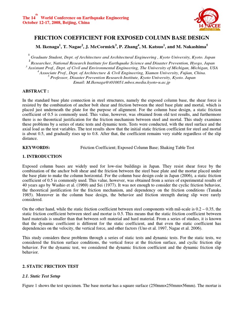 Friction Coefficient Exposed Column Base Grout WCEE | PDF | Friction ...