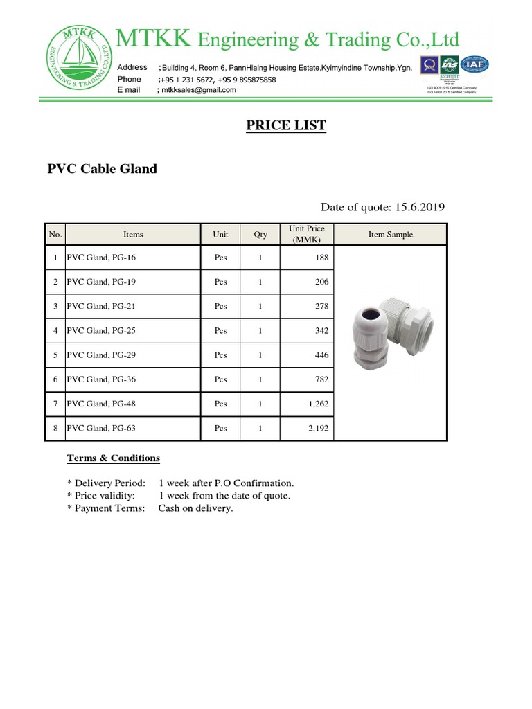 PVC Cable Gland Price List 15.6.2019 PDF