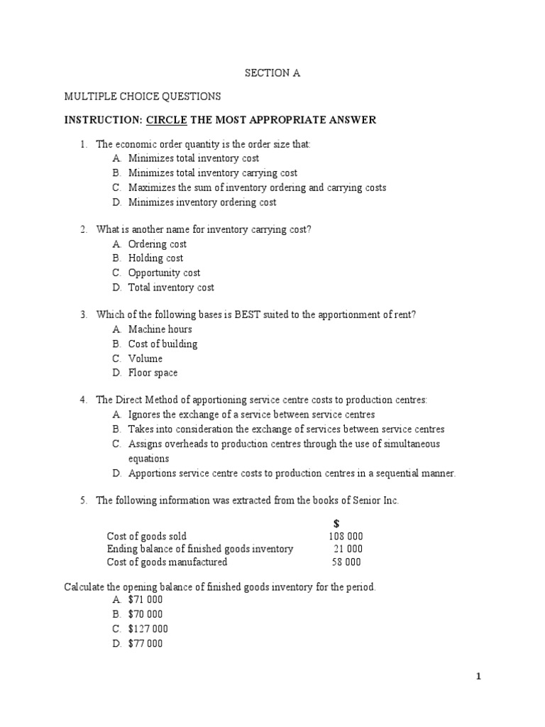 Inventory and Costing Multiple Choice Test | PDF | Inventory ...