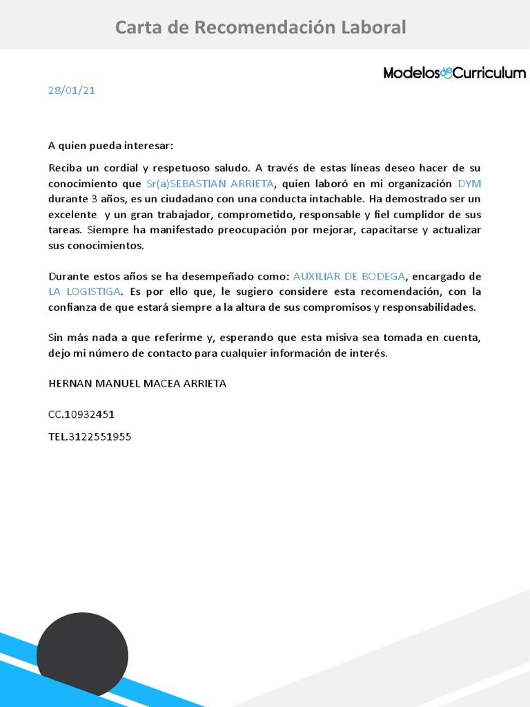 39 Modelo de Carta de Recomendacion Laboral | PDF