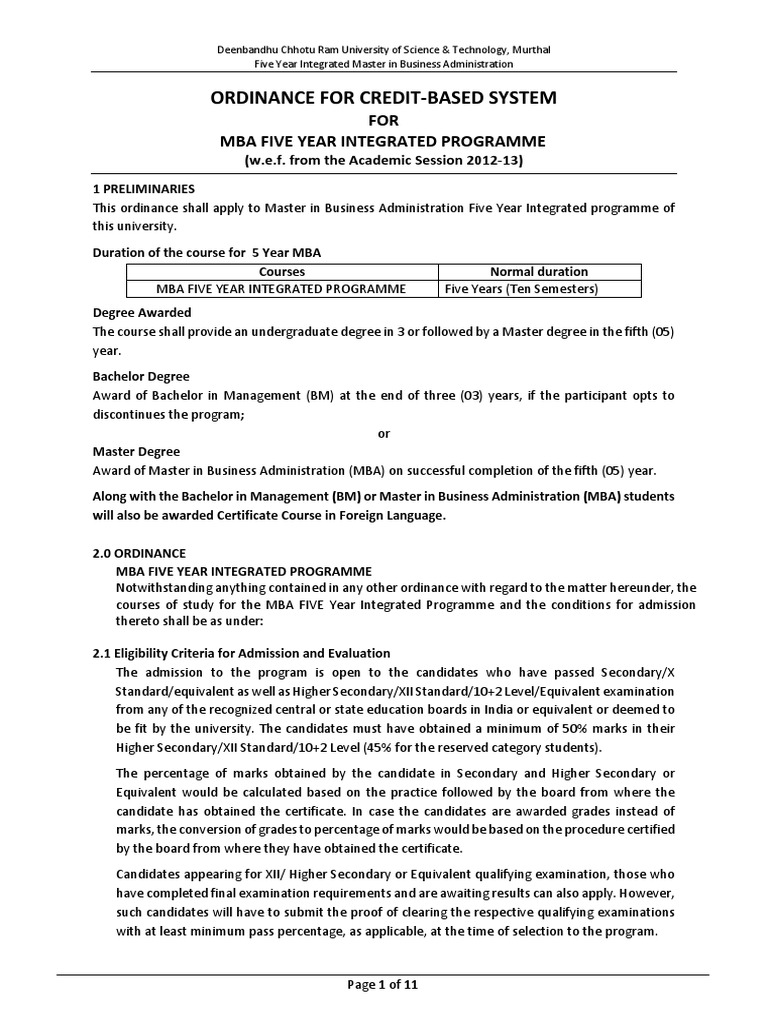 MBA Five-Year Integrated Program Ordinance | PDF | Thesis | University ...