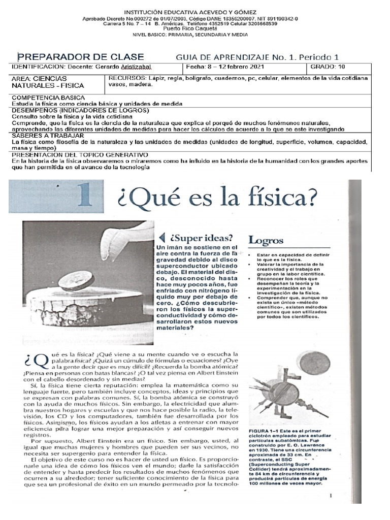 Guia de Aprendizaje 1. Periodo 1. Fisica | PDF
