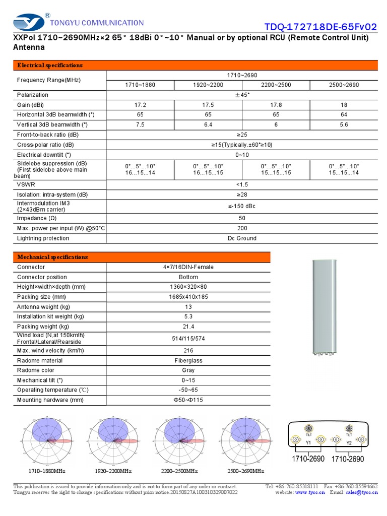 Tdq-172718De-65Fv02: Xxpol 1710 2690Mhz×2 65° 18dbi 0° 10° Manual or by ...