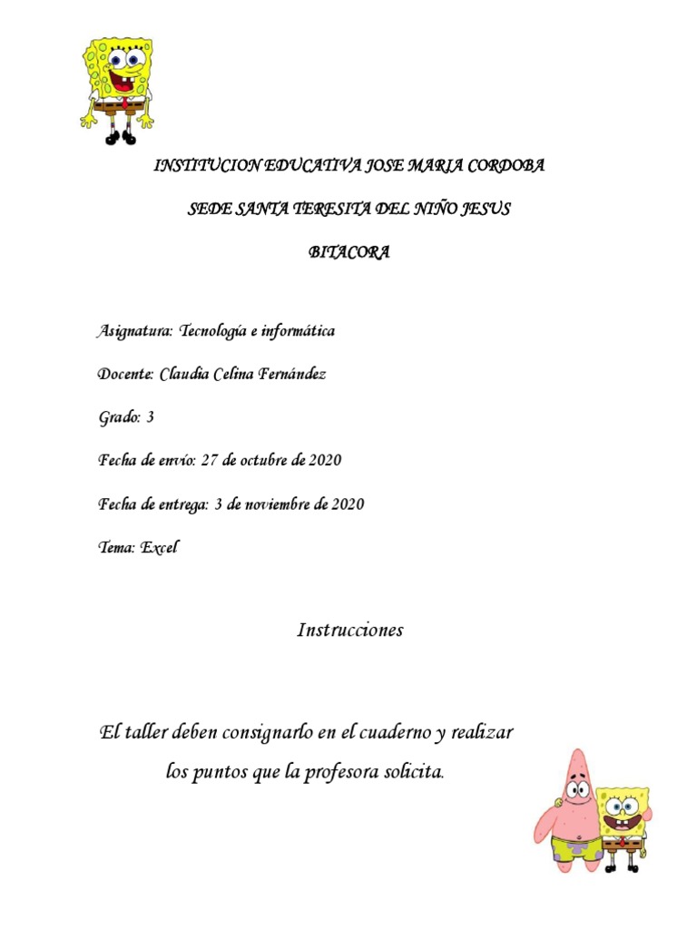 Taller de Excel para Grado 3 | PDF | Métodos y materiales de enseñanza ...