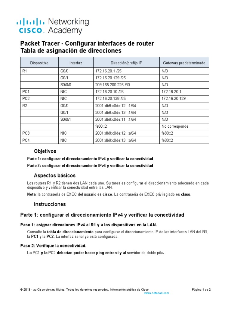 Configuración de Interfaces en Packet Tracer | PDF | Dirección IP ...