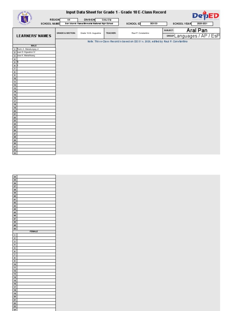 Grade 10 E-Class Record Summary | PDF | Cebu | Schools