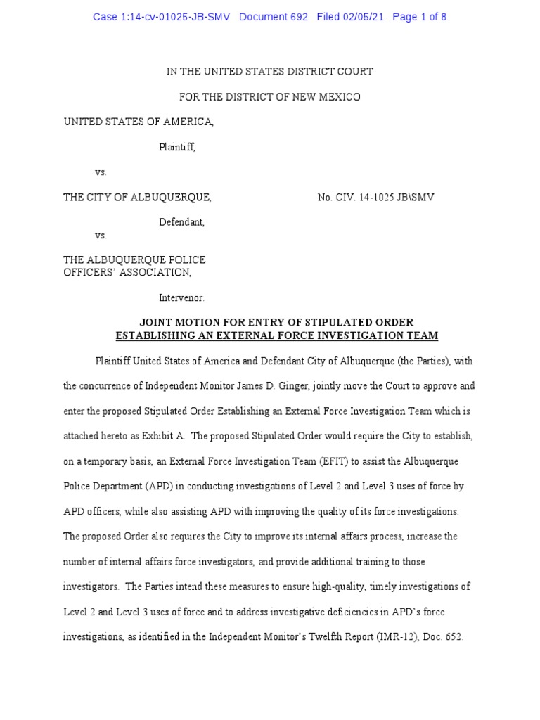 Joint Motion For Entry of Stipulated Order Establishing An External