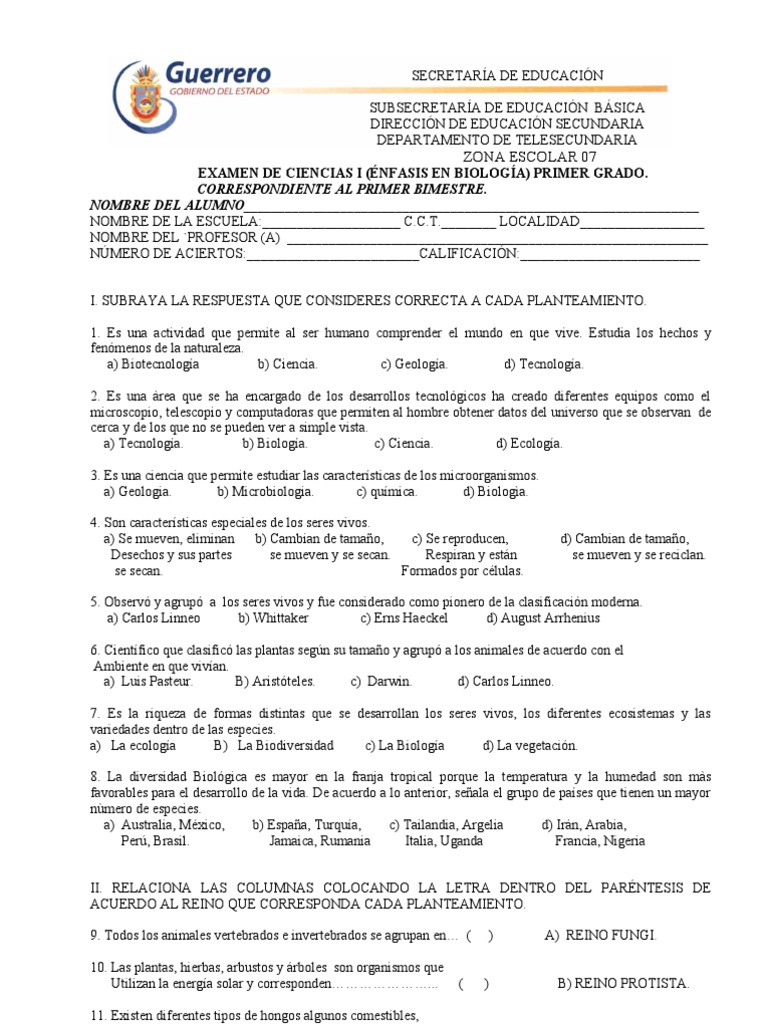 EXAMEN de ciencias I primer bimestre.