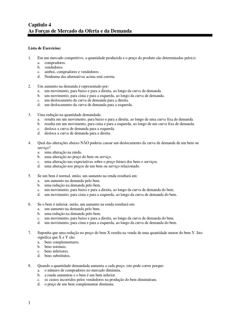 Lista de Exercícios - Capitulo 4 | PDF | Demanda | Oferta e procura