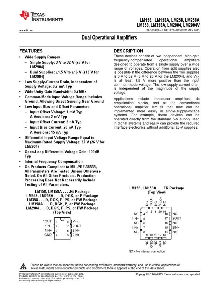 Dual Operational Amplifiers Features Description PDF Amplifier