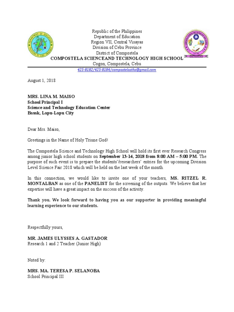 Invitation Letter (Panelist) PDF Science And Technology Schools