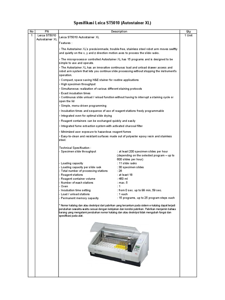 Spesifikasi Leica ST5010 (Autostainer XL) | PDF