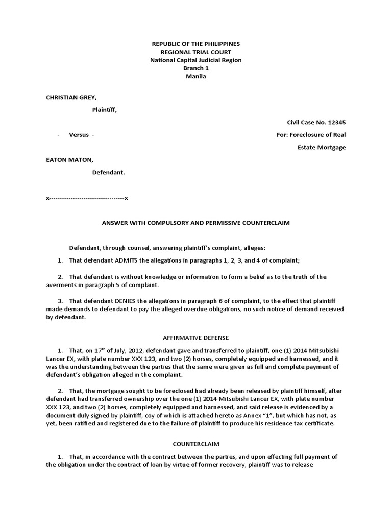Answer With Permissive and Compulsory Counterclaim | PDF | Foreclosure ...