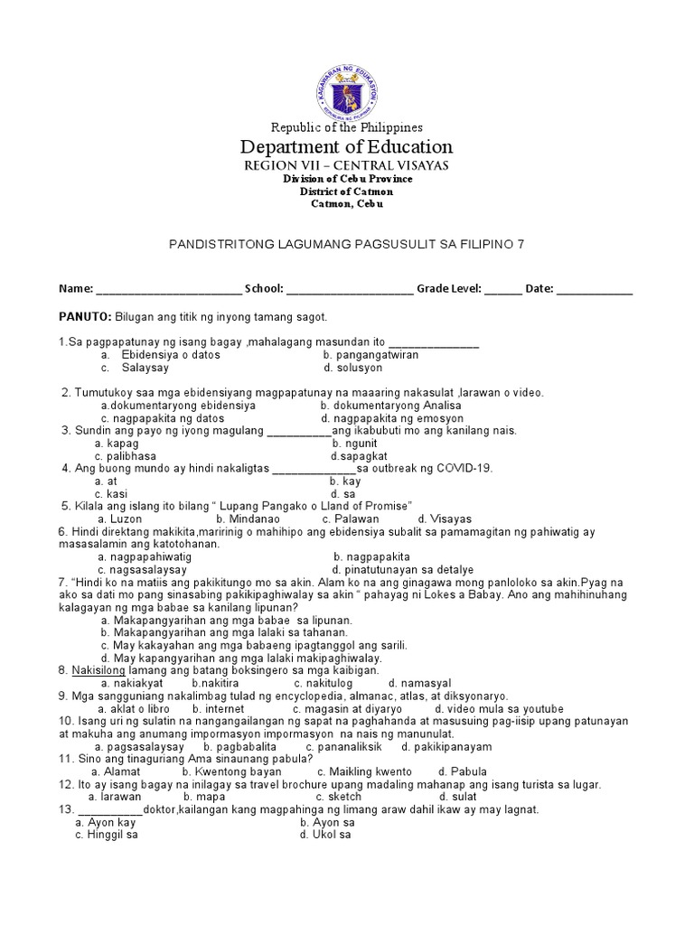 Quarter 1 Pandistitong Lagumang Pagsusulit Sa Filipino 7 | PDF