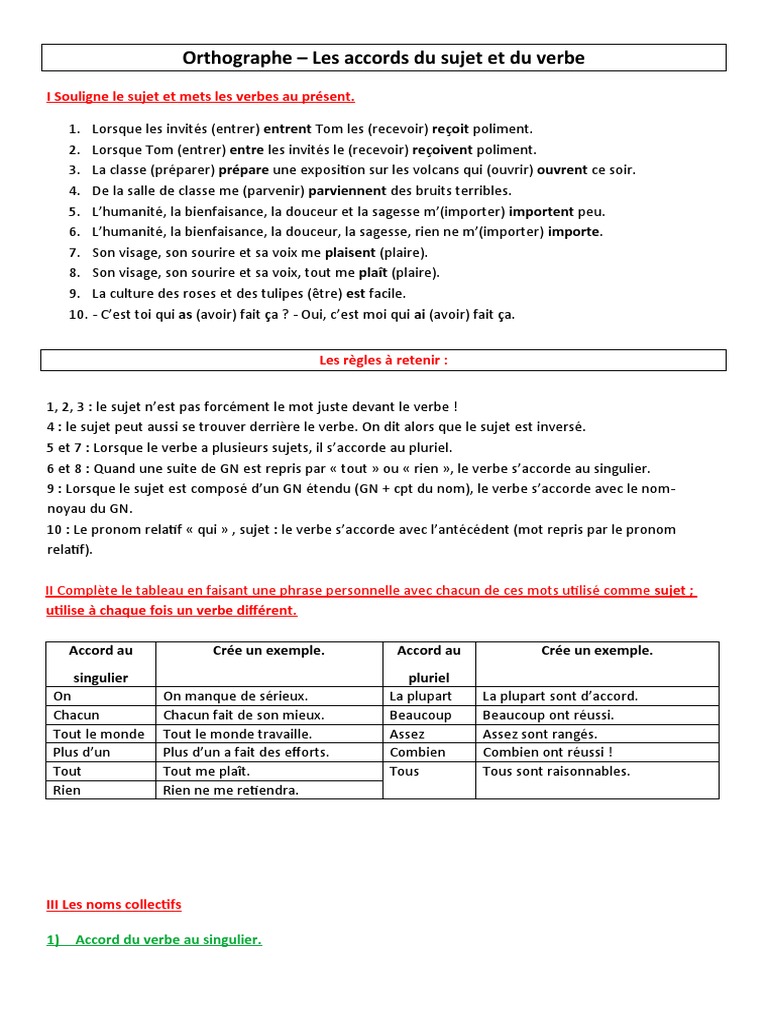 Accord Sujet Verbe Exercices à Imprimer Accord Sujet Verbe Doc Prof | PDF | Nombre grammatical | Pluriel