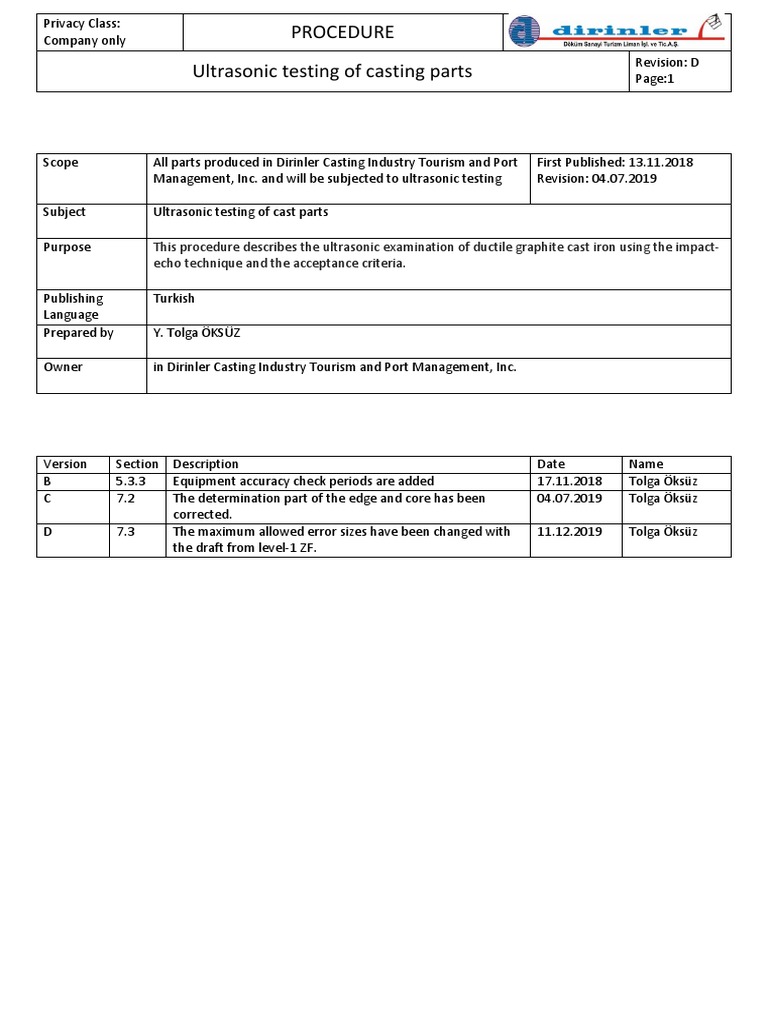 Ultrasonic Testing Procedure for Castings | PDF | Nondestructive ...