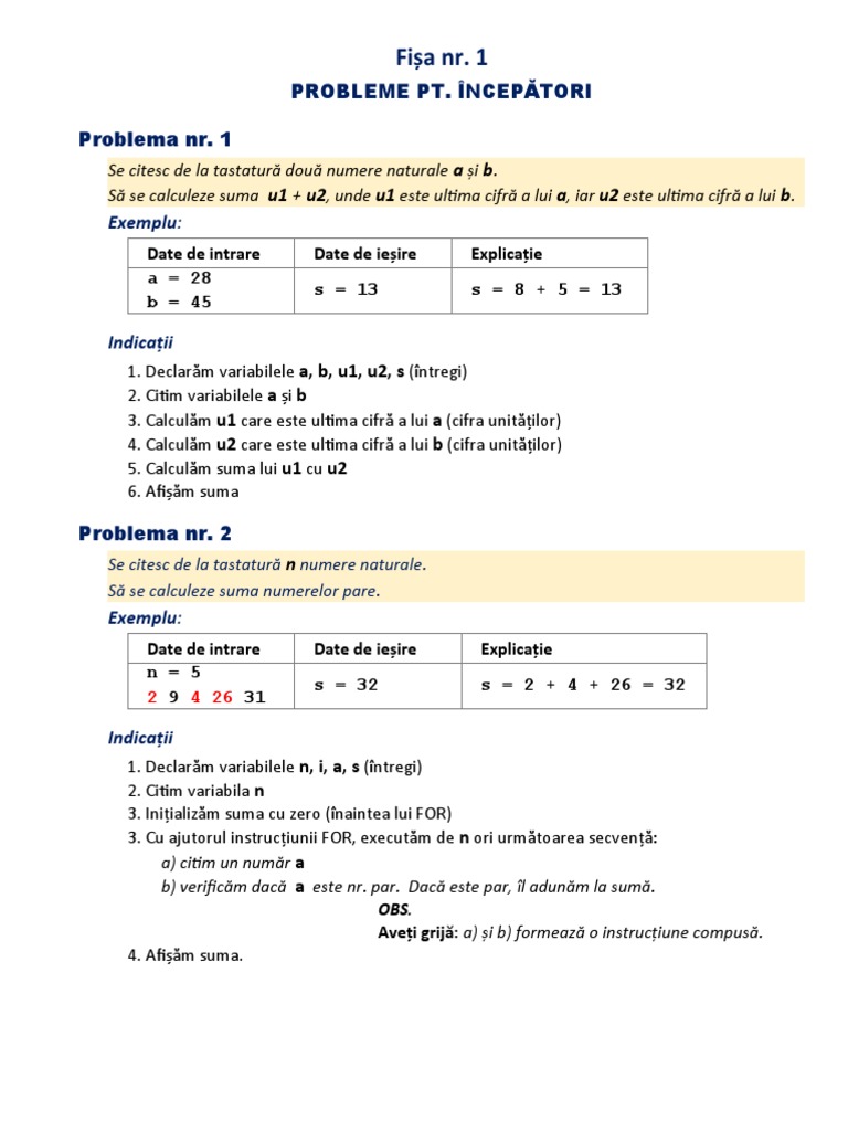 Probleme C++ Pt. Începători - Fisa - 1 | PDF