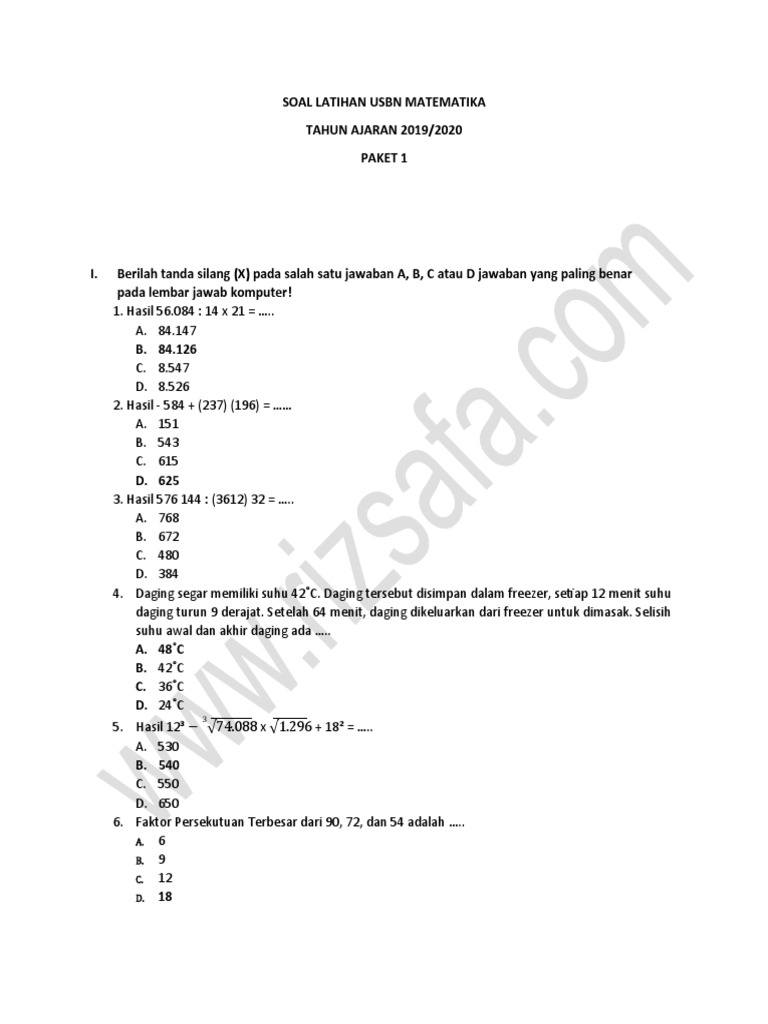 Soal Usbn Matematika Sd Dan Kunci Jawaban Pdf