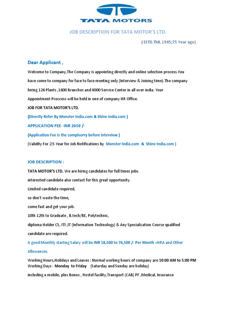 Job Description For Tata Motor&rsquo;s Ltd. (2019) .. | PDF | Programmer 