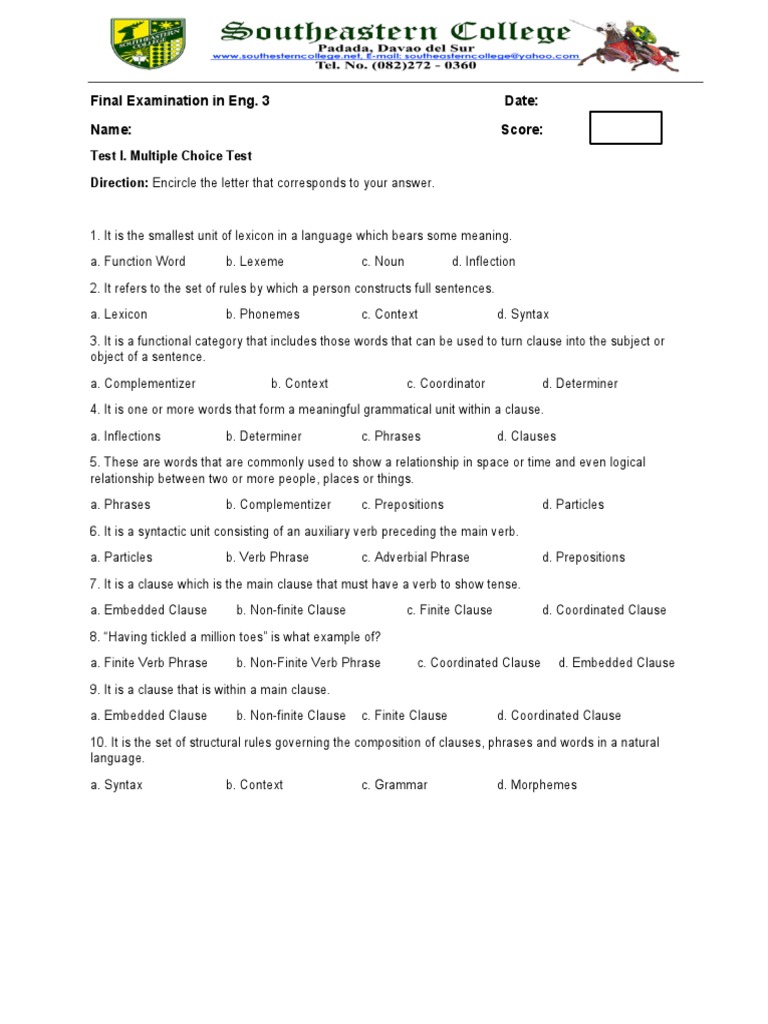Final Examination in Eng. 3 Date: Name: Score | PDF | Clause | Phrase