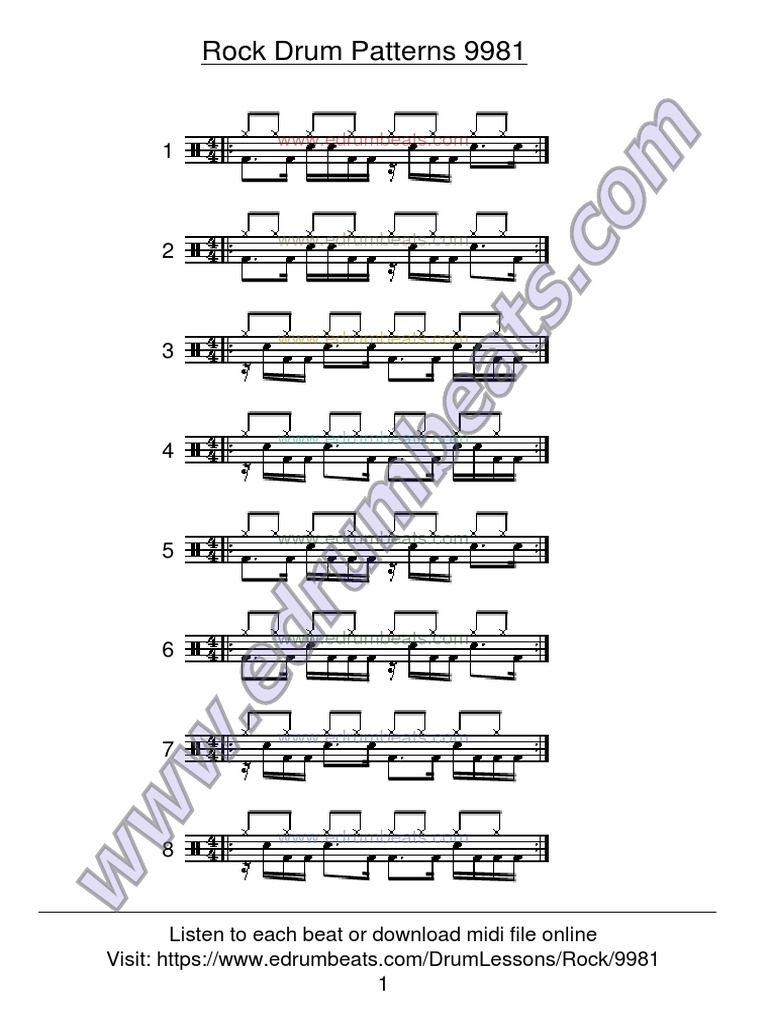 Rock Drum Patterns 9981 Listen To Each Beat or Download Midi File