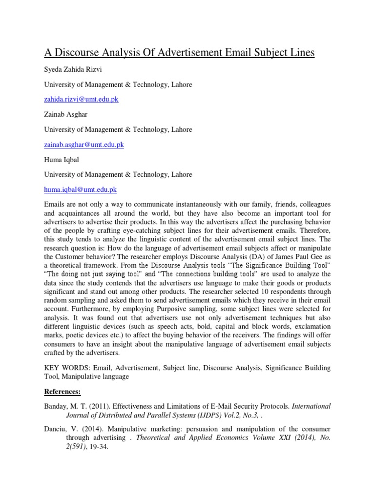 A Discourse Analysis of Advertisement Email Subject Lines: Zahida ...