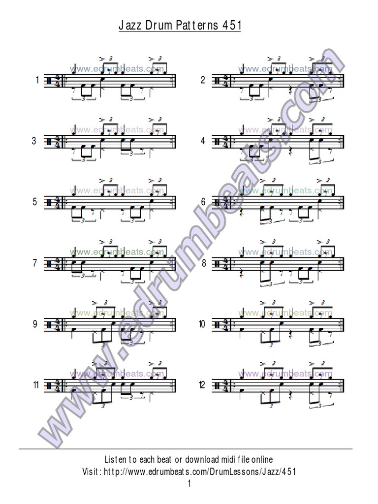 32 Jazz Drum Patterns with Corresponding MIDI Files from www.edrumbeats