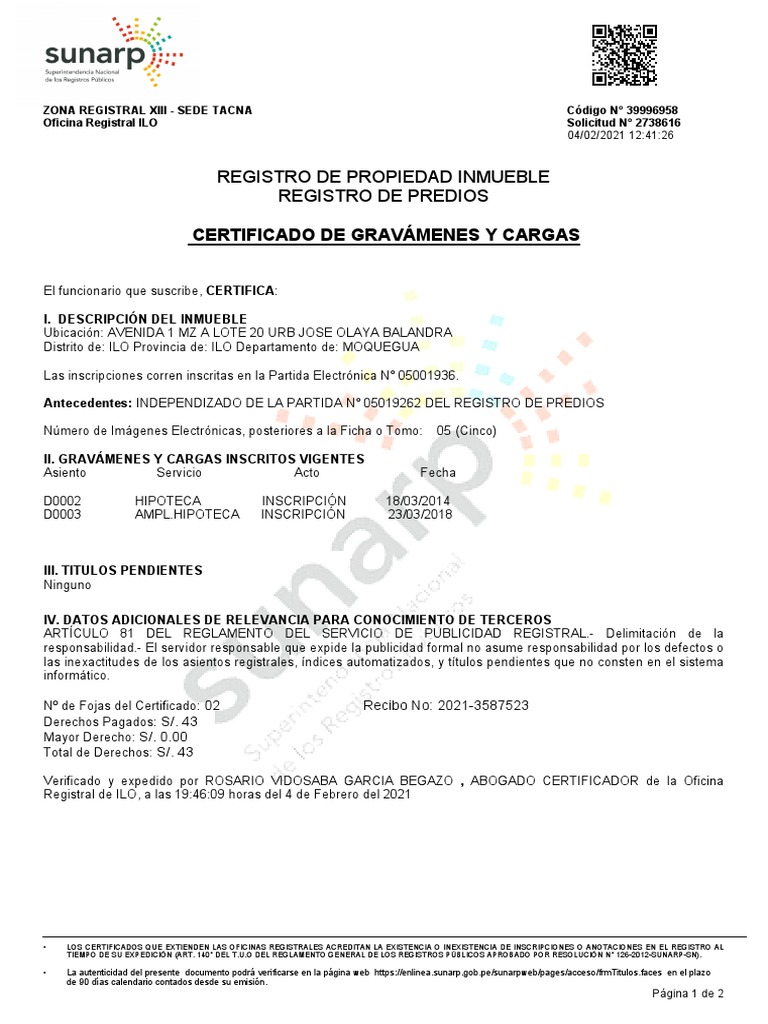 Certificado Cargas y Gravamenes PDF Gobierno Business