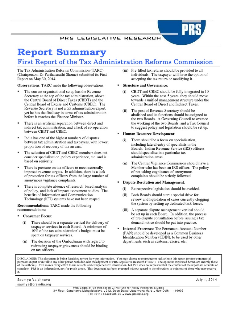 Summary of First Report of Tax Admin Reform Commission | PDF | Taxes ...