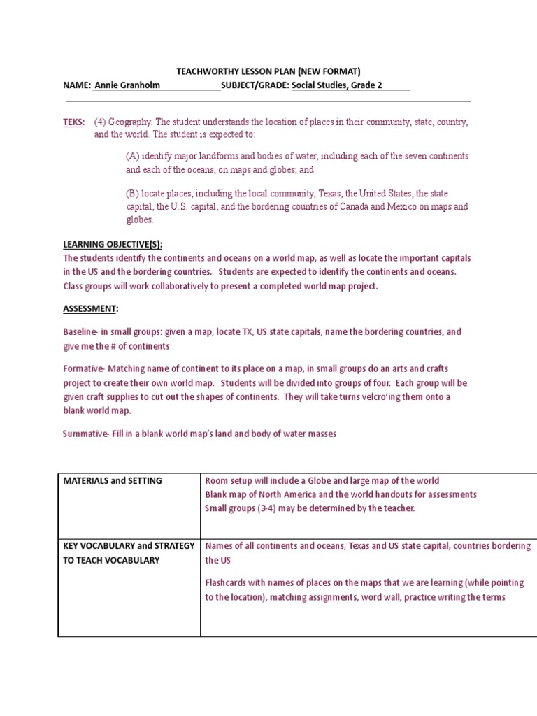 Teks:: Teachworthy Lesson Plan (New Format) NAME: Annie Granholm  SUBJECT/GRADE: Social Studies, Grade 2 | PDF | Vocabulary | Map