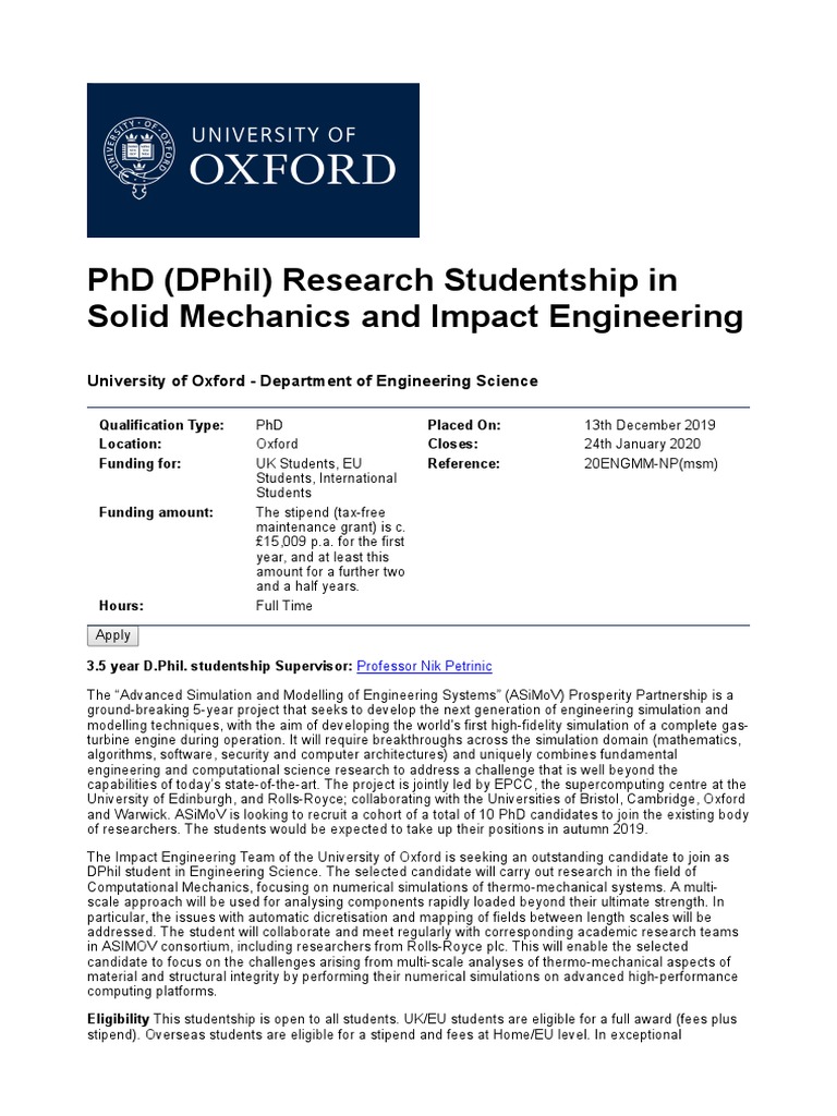 phd studentship at oxford university