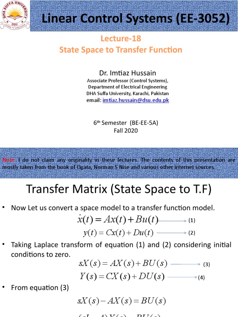 Linear Control Systems (EE-3052) : Lecture-18 State Space To Transfer ...