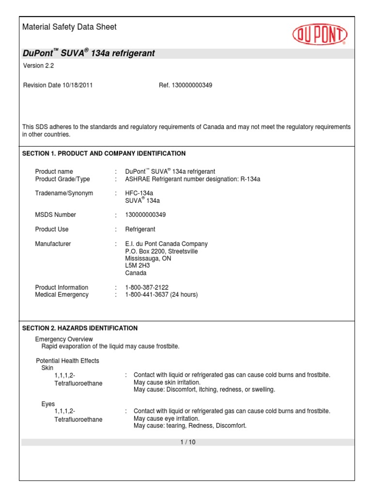 MSDS Dupont R134a Refrigerant | PDF | Fires | Toxicity