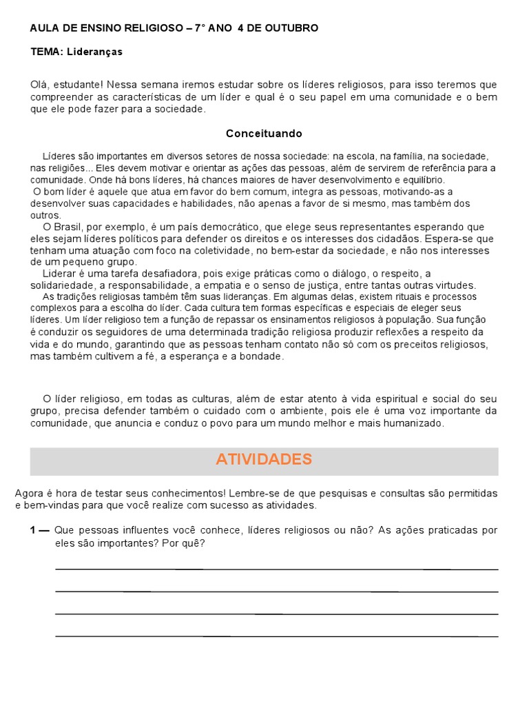 Lideranças Religiosas no 7° Ano | PDF | Liderança | Sociedade