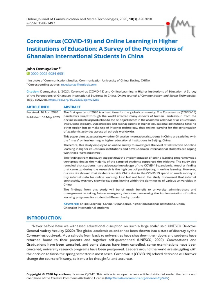 Coronavirus Covid 19 and Online Learning in Higher Institutions of ...