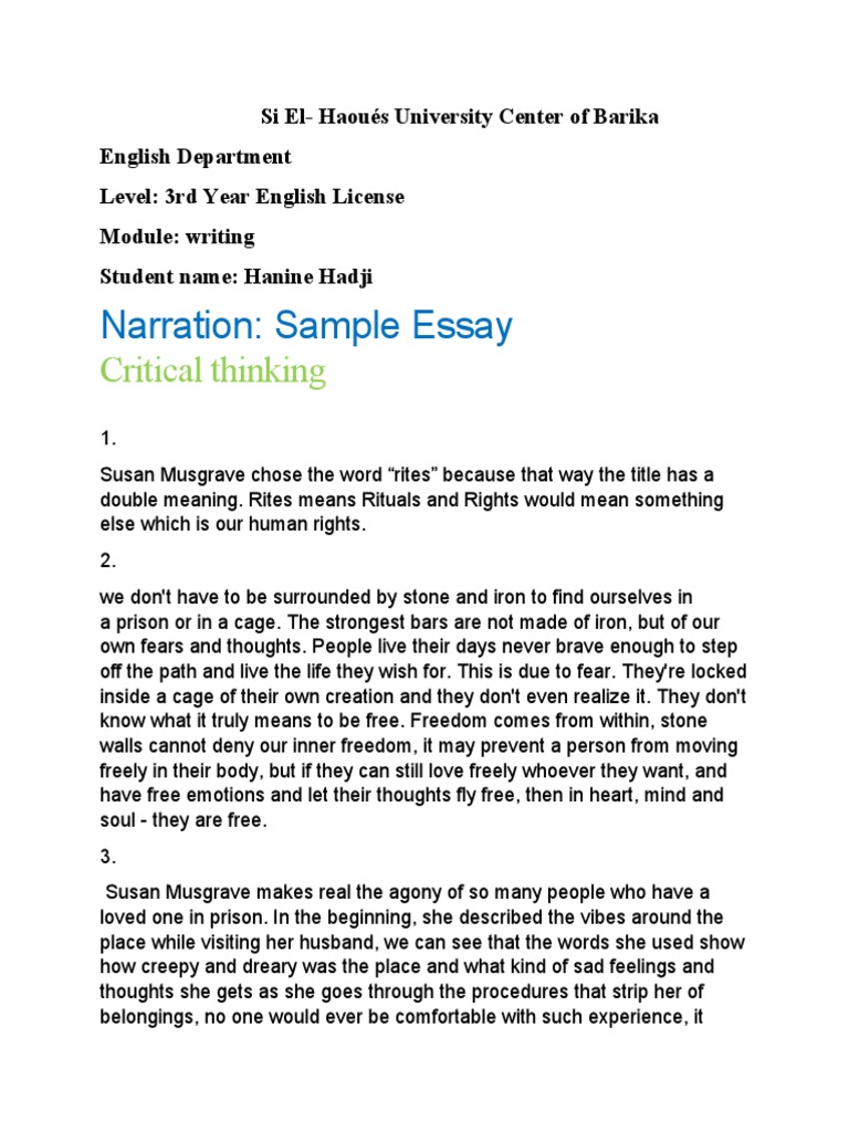 Narration Sample Essay Hanin PDF Narration