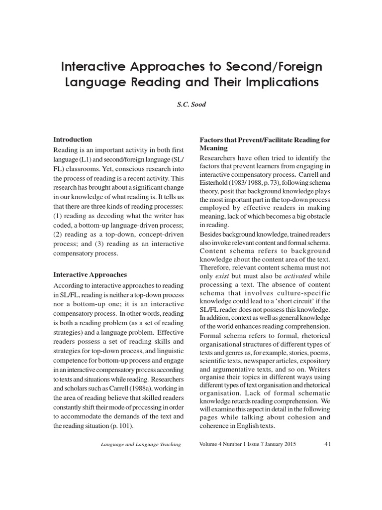 Interactive Approaches To Second or Foreign Language Reading and Their
