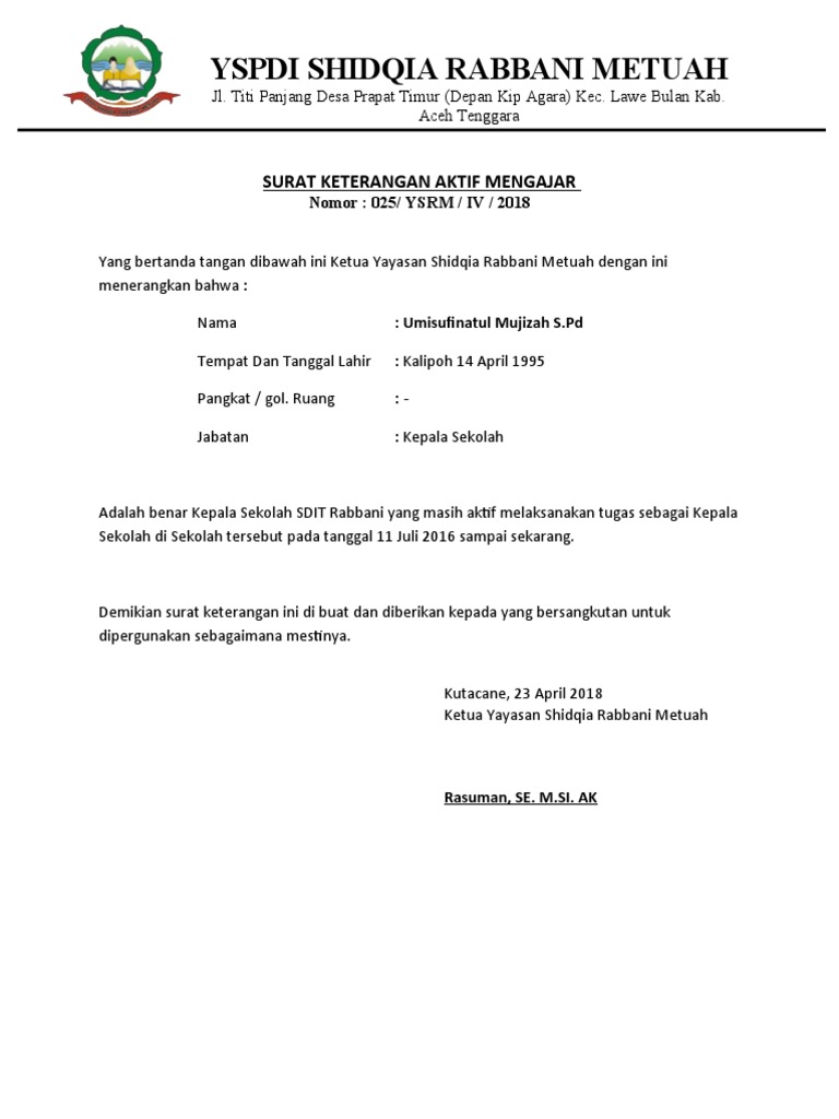 Surat Keterangan Aktif Mengajar Dari Yayasan Pdf