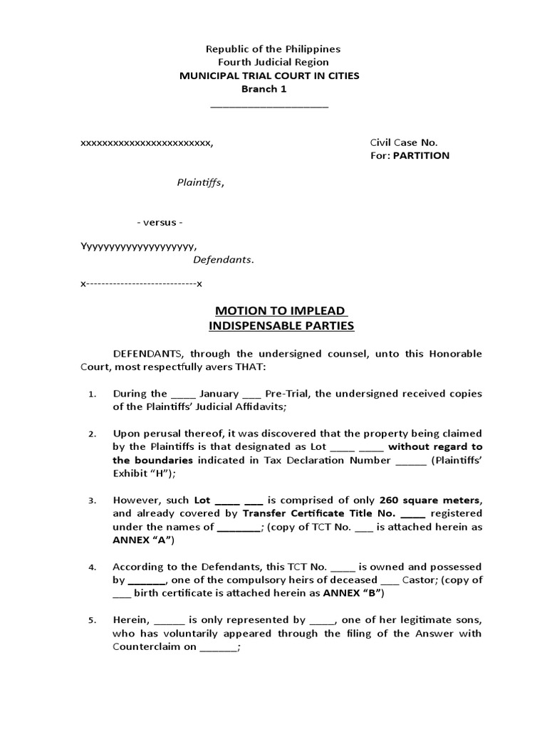 Motion To Implead Indispensable Party PDF Lawsuit Complaint