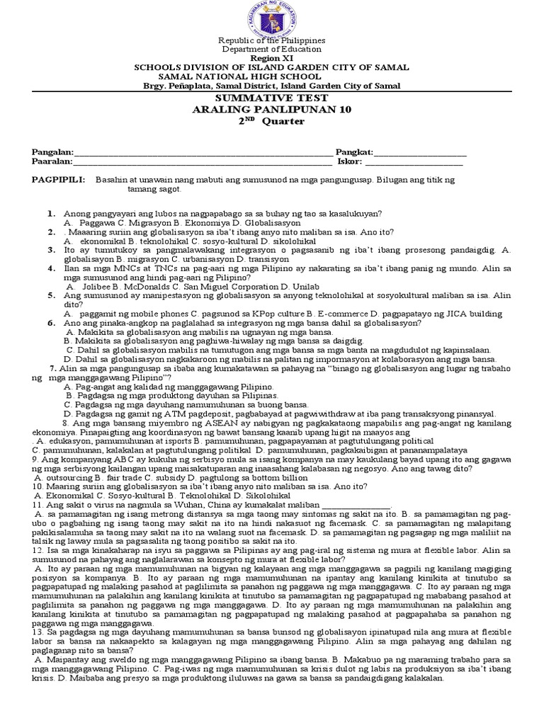 Summative Test @AP 10 2nd Quarter | PDF