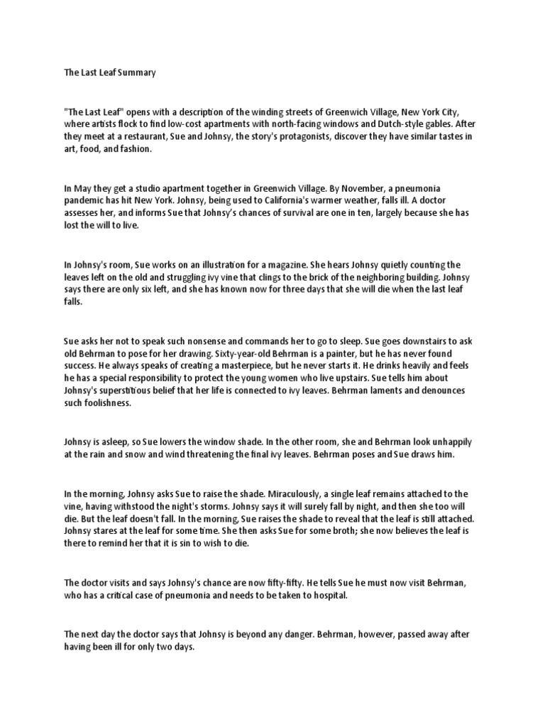 Why Is The Story Named The Last Leaf Summary