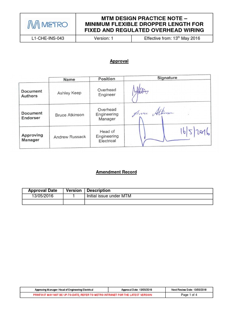 L1CHEINS043 Minimum Flexible Dropper Length For Fixed and Regulated