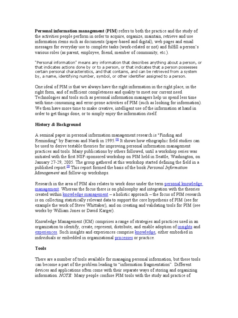 Personal Information Management (PIM) Refers To Both The Practice and ...