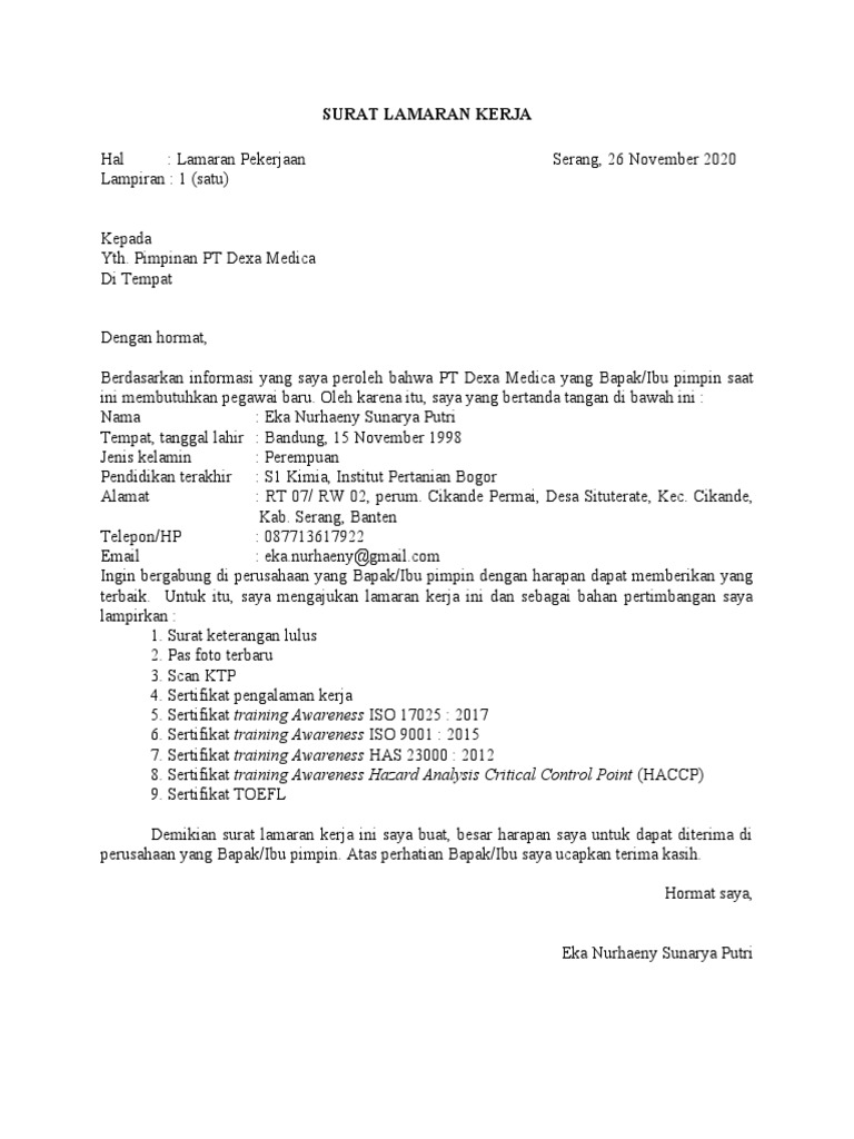 Surat Lamaran Kerja PT Dexa Medica | PDF