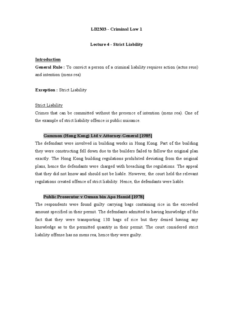 Lecture 4 - Strict Liability | PDF | Mens Rea | Strict Liability