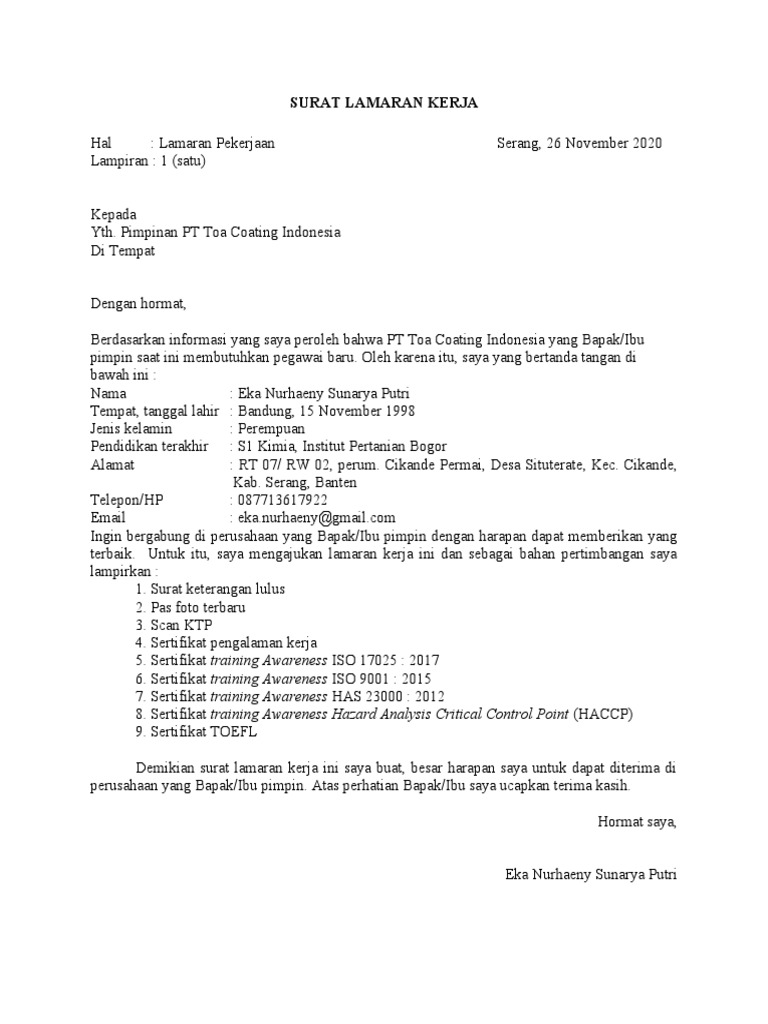 Surat Lamaran Kerja PT Toa Coating Indonesia | PDF