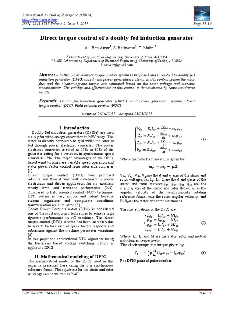 Direct Torque Control of A Doubly Fed Induction Generator: A. Ben Amar ...
