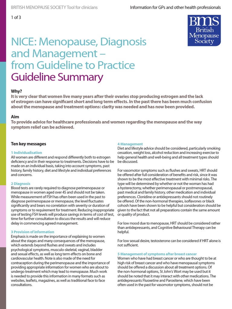 NICE Menopause, Diagnosis and Management From Guideline To Practice