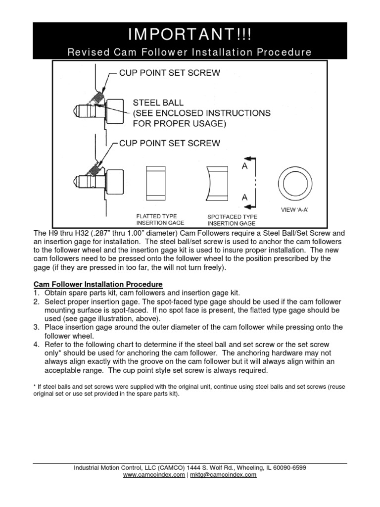 Important!!! Revised Cam Follower Installation Procedure PDF Machines Metalworking