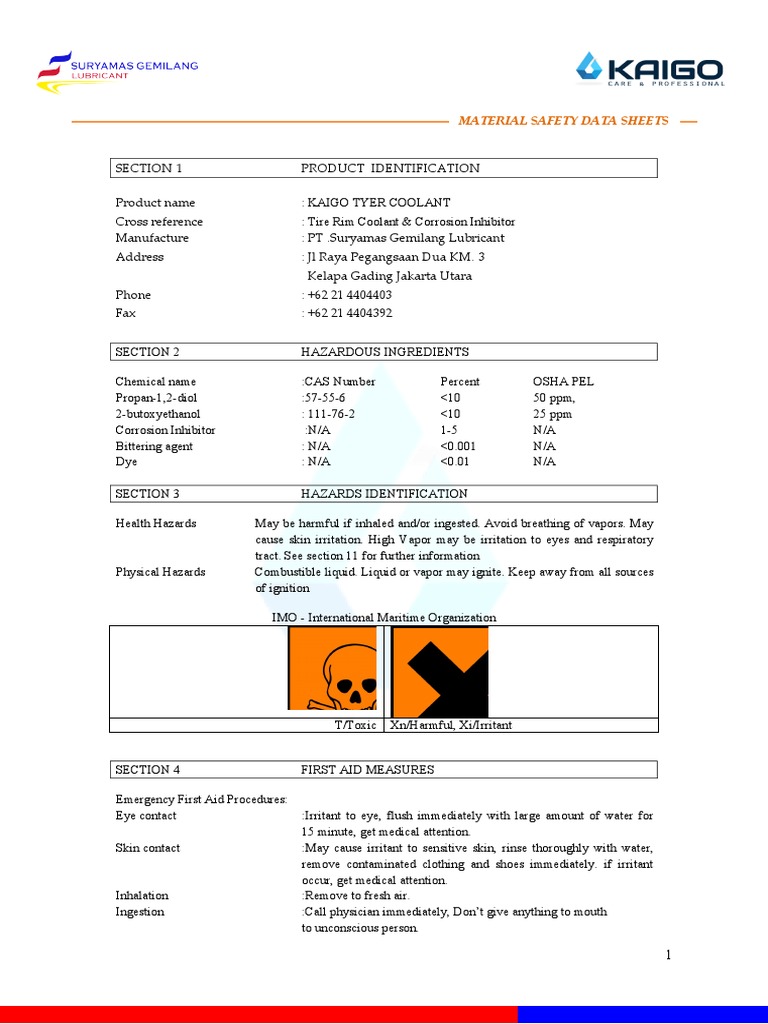 MSDS Kaigo Tyer Coolant PDF Personal Protective Equipment